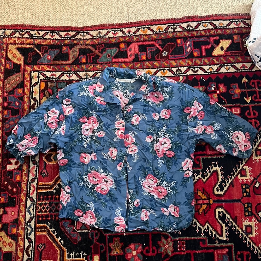 Blue floral button down top